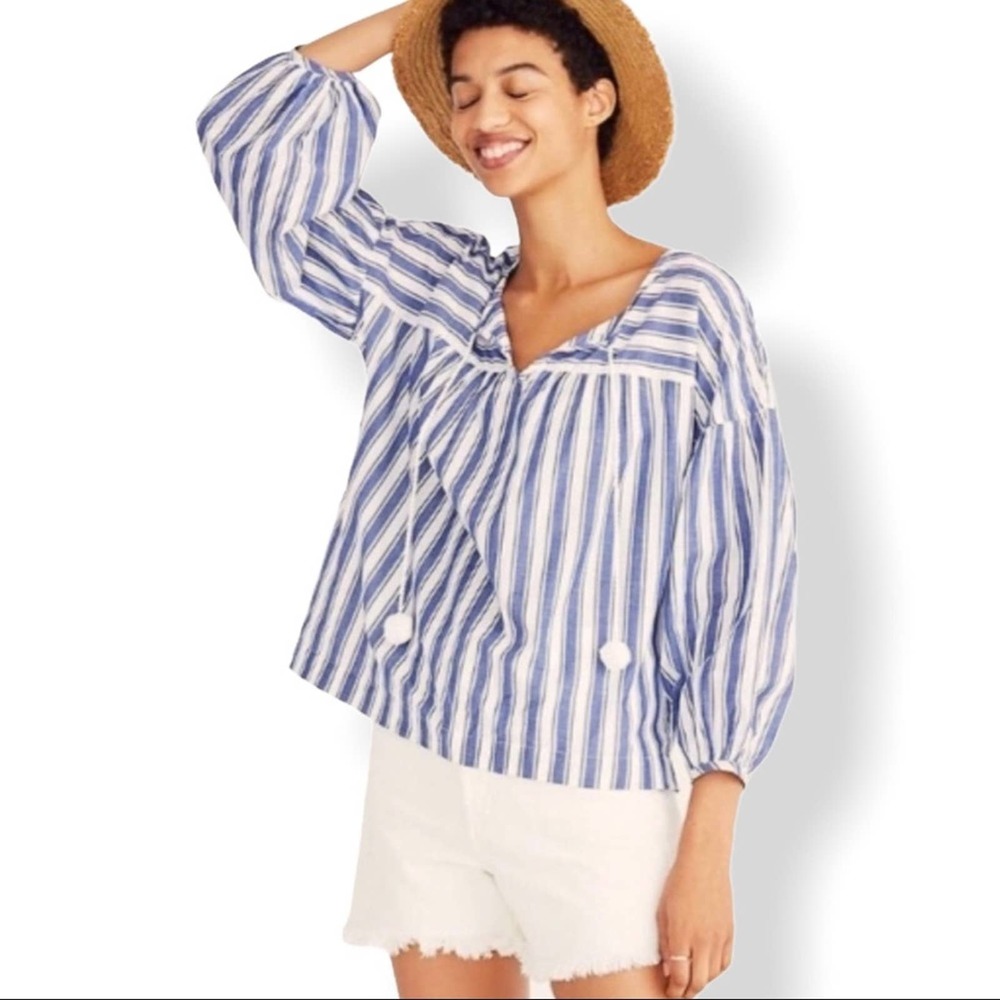 Madewell Womens Peasant Top in Shea Stripe Small Blue White Pompom Ties